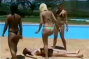 Lesbian Three On One Trampling By The Pool...