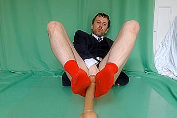 Suit Red Socks Foot Job Businessman In Business Big Feet Sock Closeup...