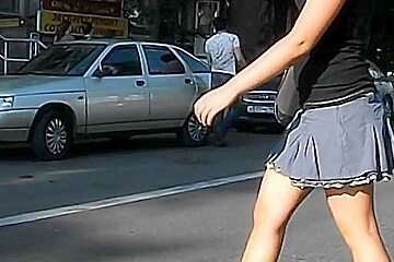 Girl short skirt crossing the road...